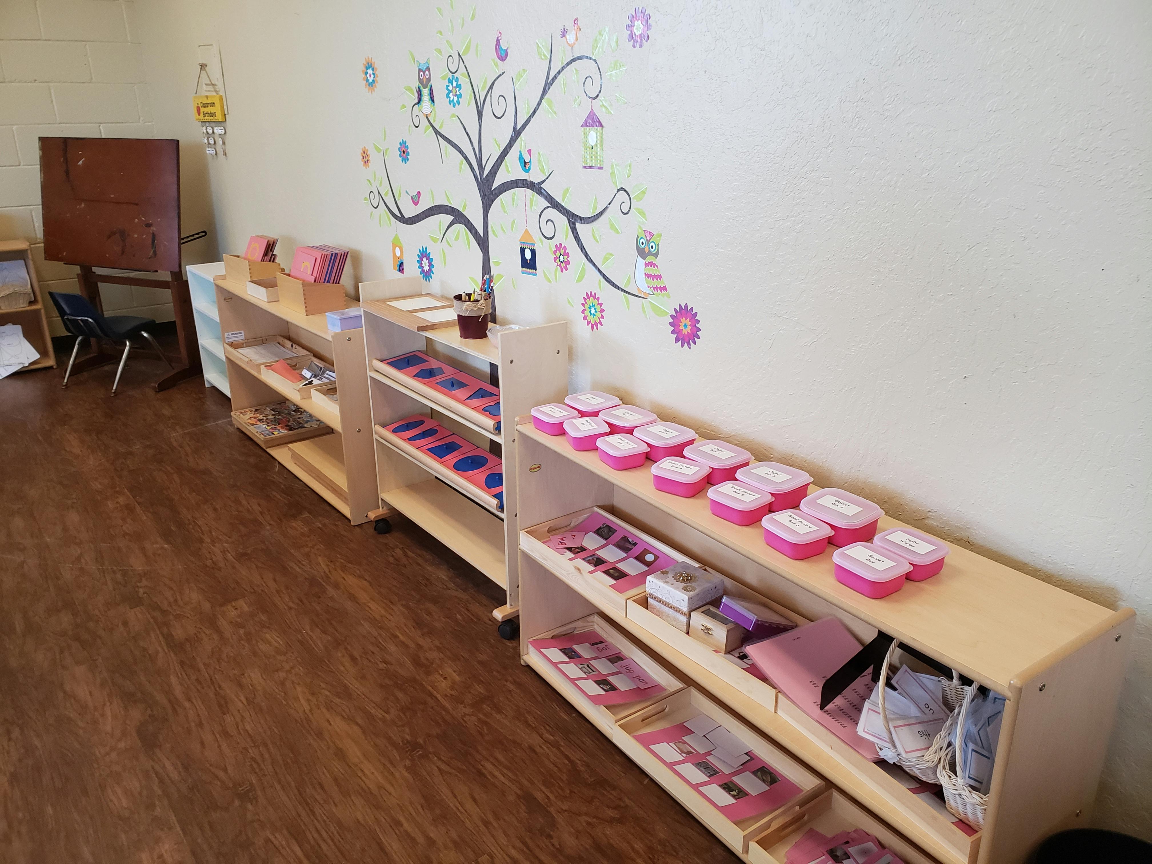 Classroom with shelves of learning materials and a tree mural on the wall