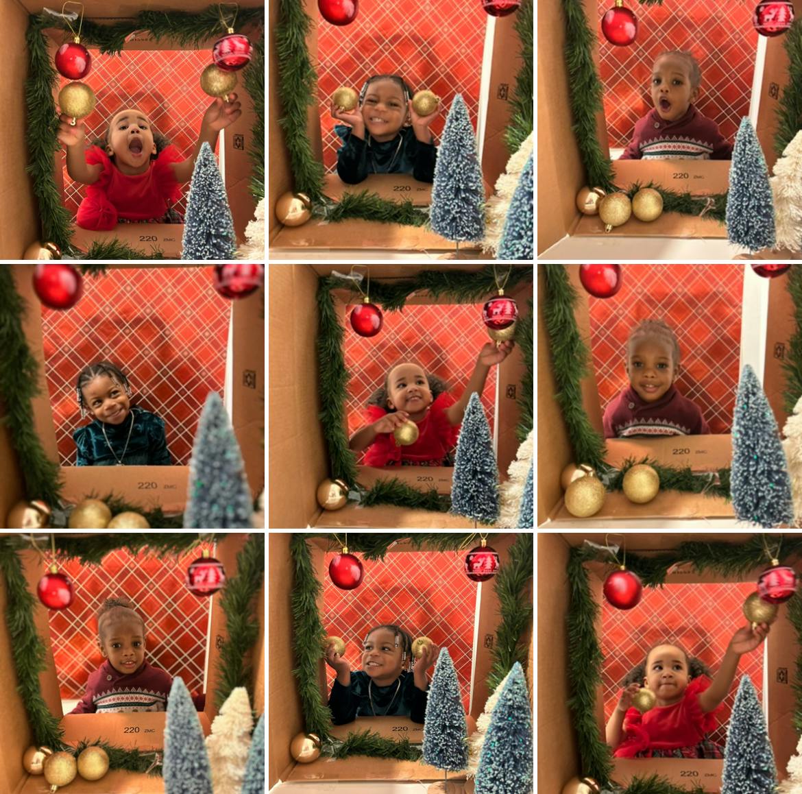 Multiple images of a child playing with ornaments in a decorated box