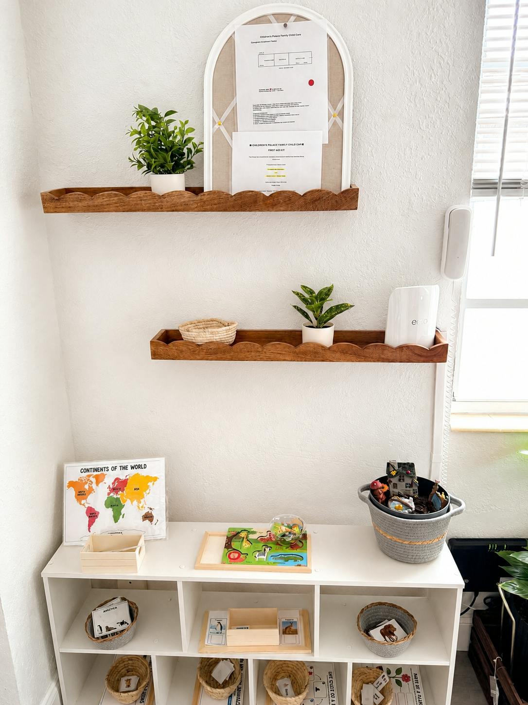 Educational shelves and display in a childcare center with toys and materials