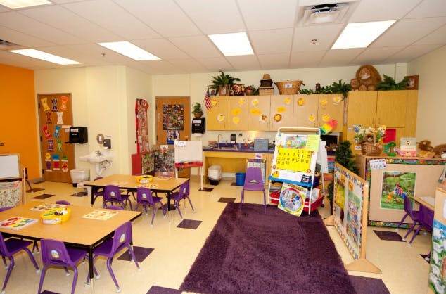 Empty classroom with small tables and chairs