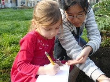 Adult and child writing on paper outdoors