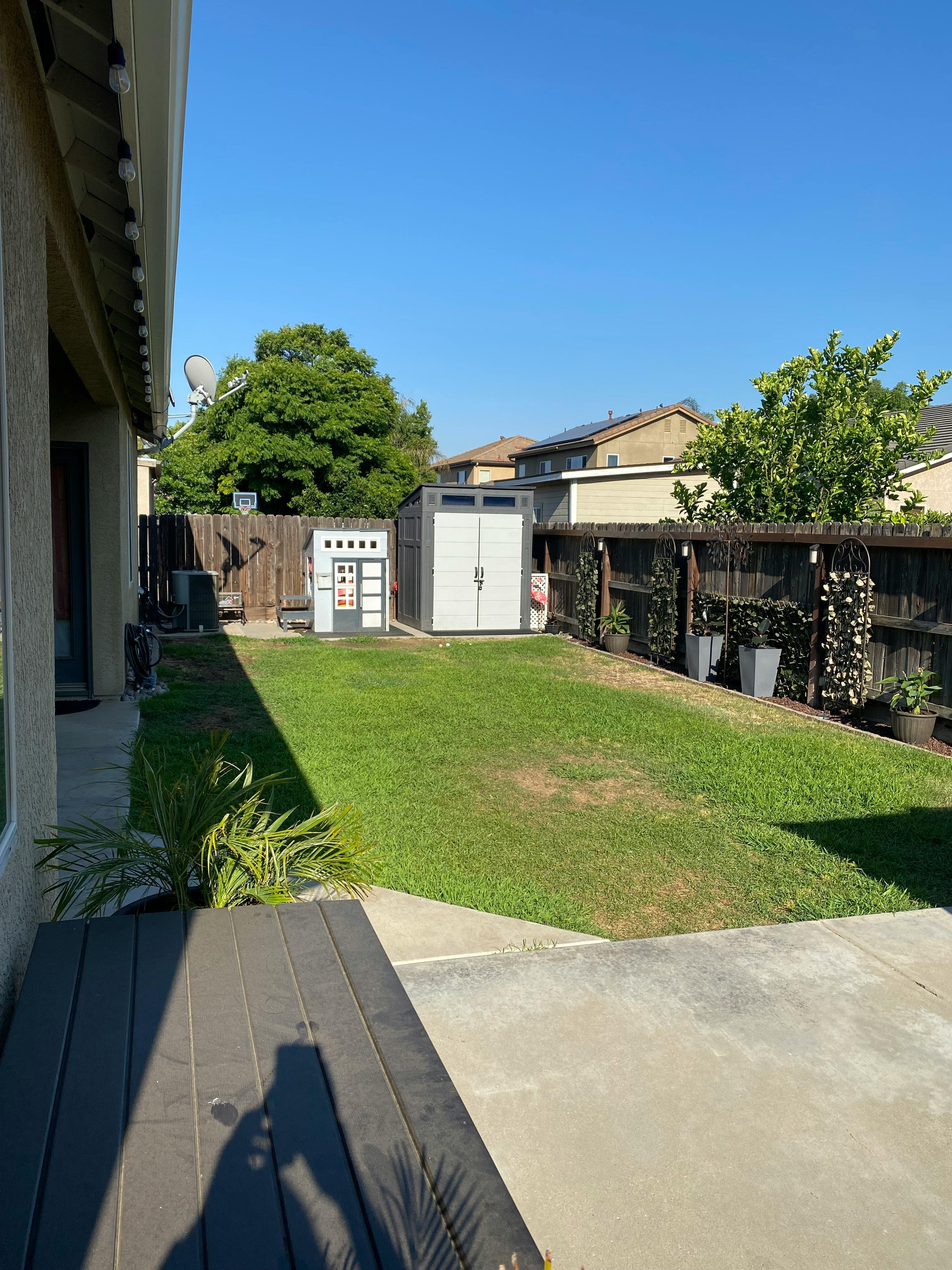 Backyard with green lawn, concrete patio, and two storage sheds