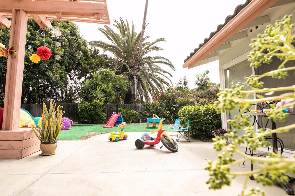 Backyard with play area, tricycle, and slide