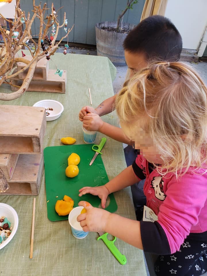 Two children squeezing lemons into cups on a green cutting board