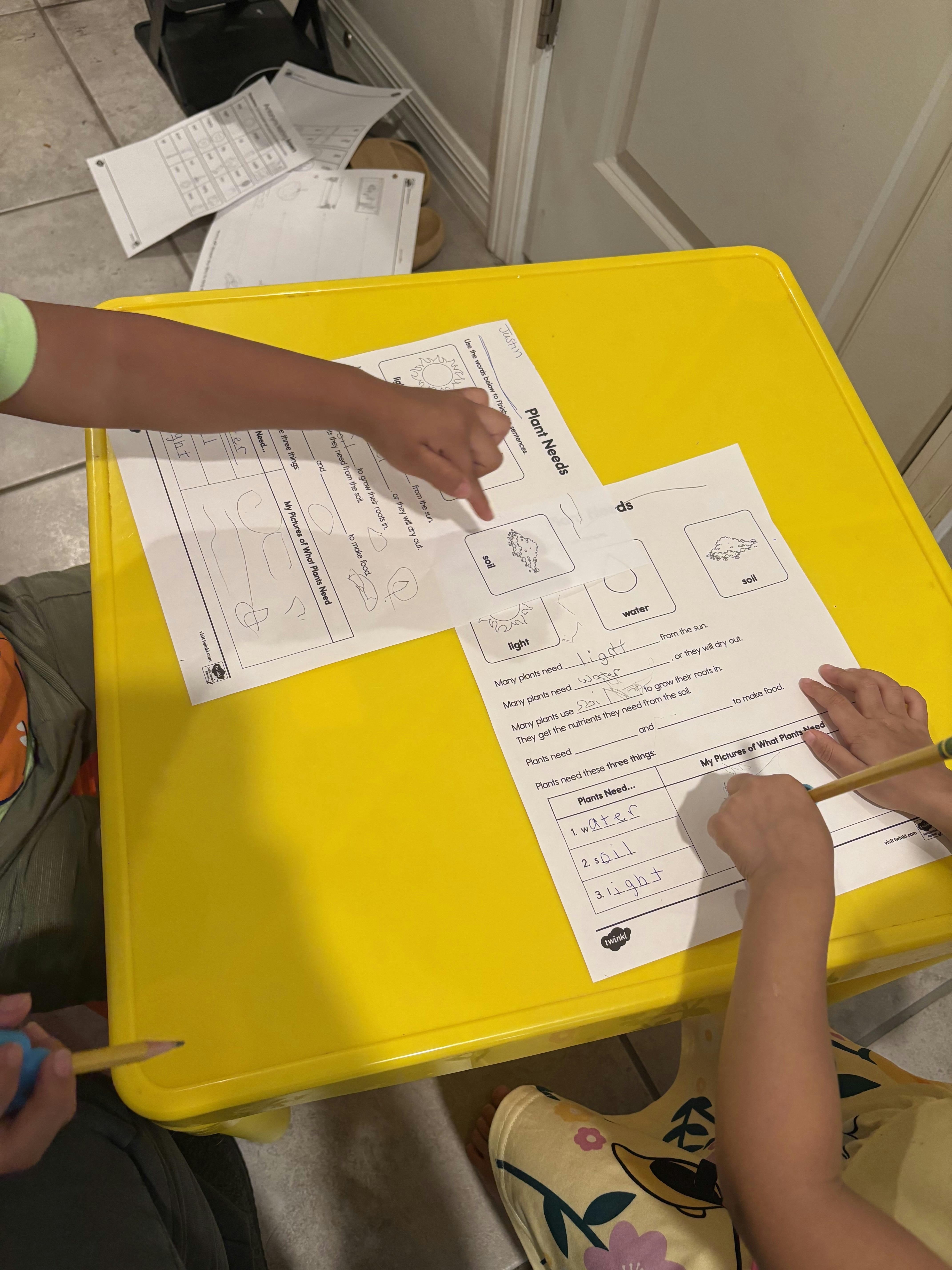People filling out a school worksheet about plant needs on a yellow table