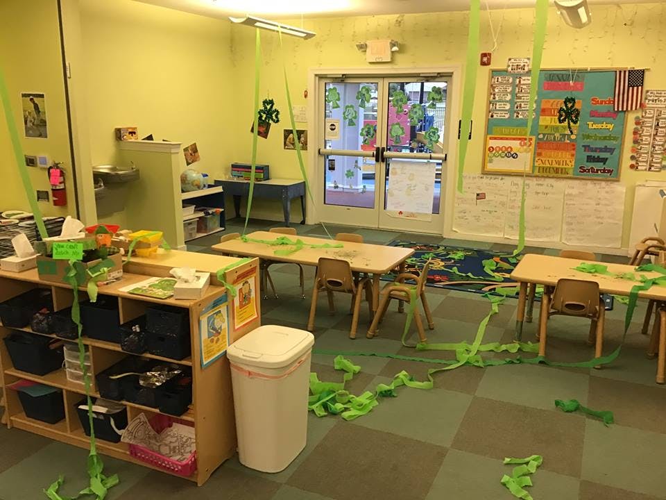 Classroom decorated with green streamers and shamrocks
