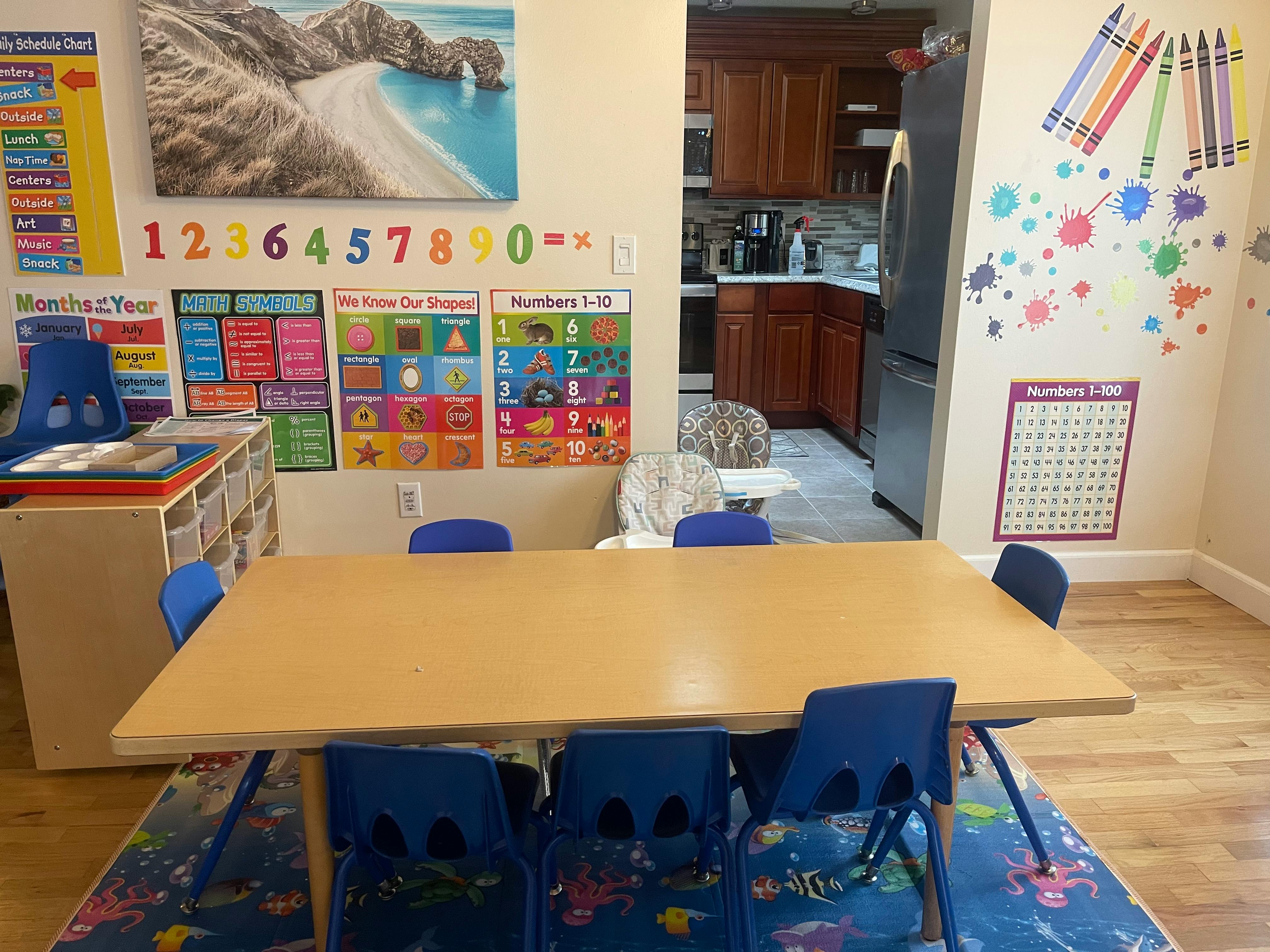 Classroom with a long table and blue chairs, educational posters on the wall