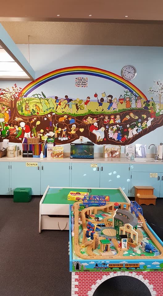 Classroom with a rainbow mural, toy train set, and light blue cabinets