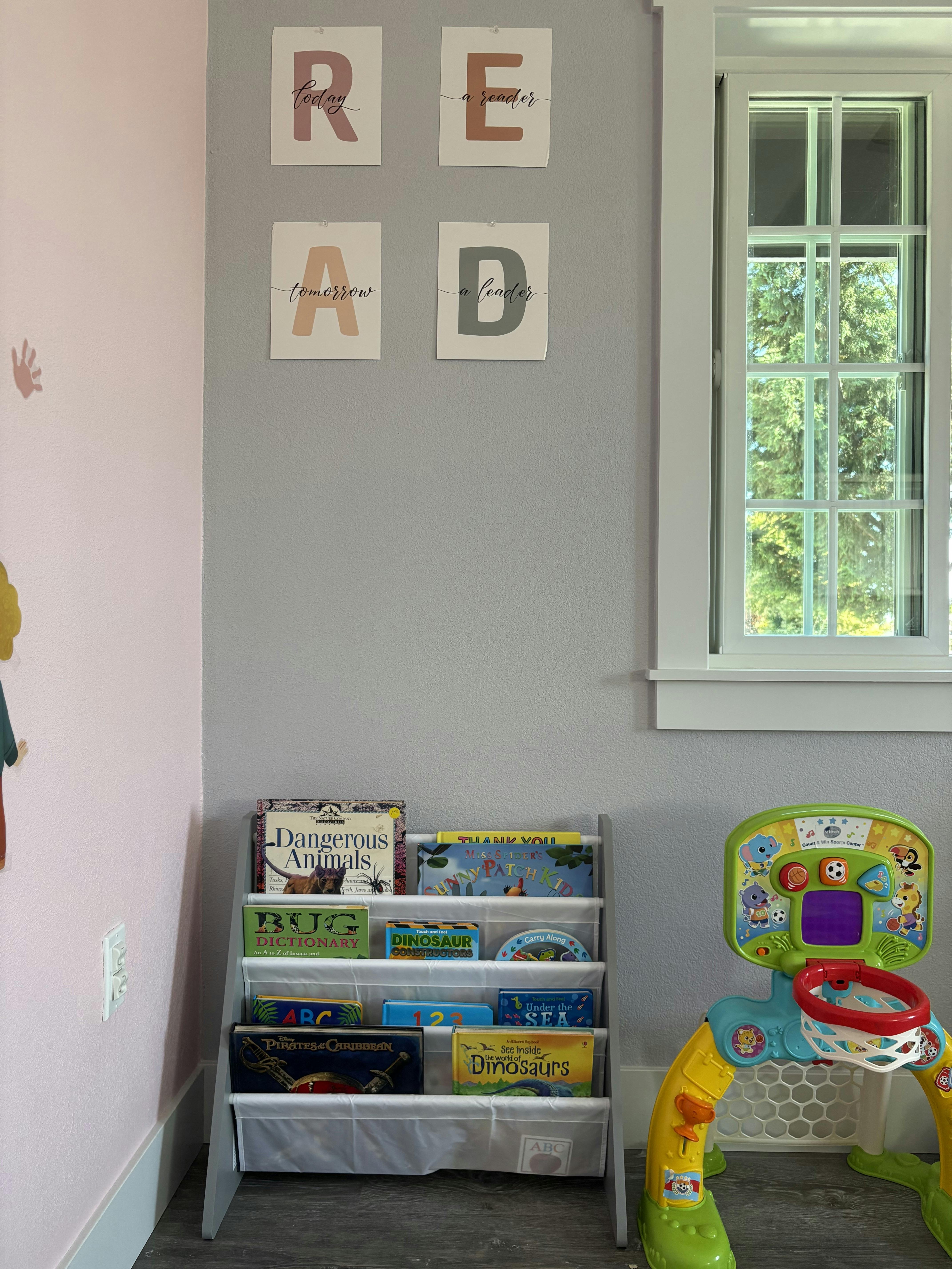 Children's bookshelf with books and a toy basketball hoop