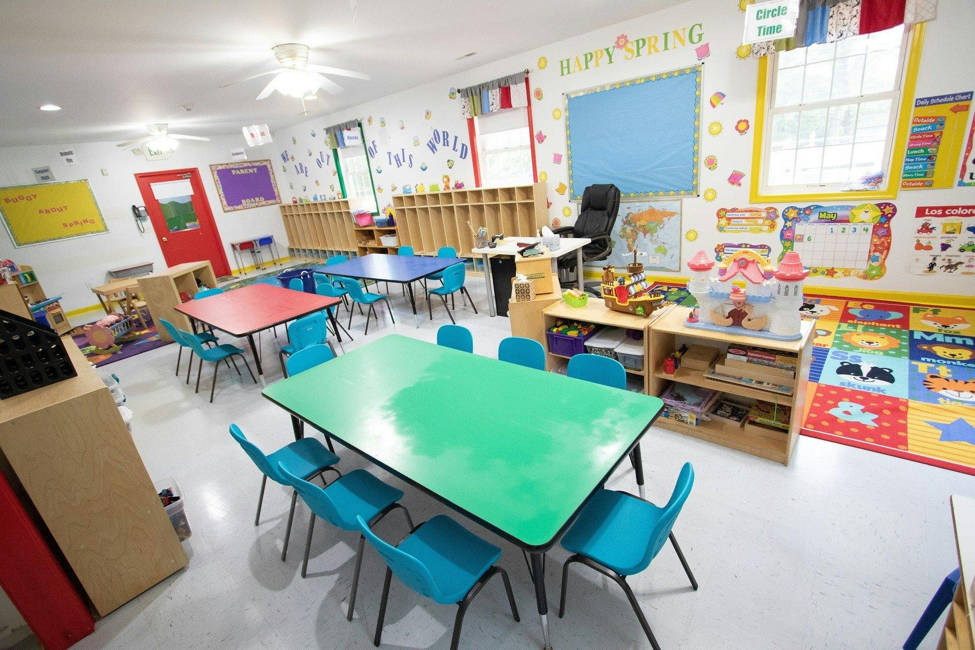 Classroom with small tables and chairs