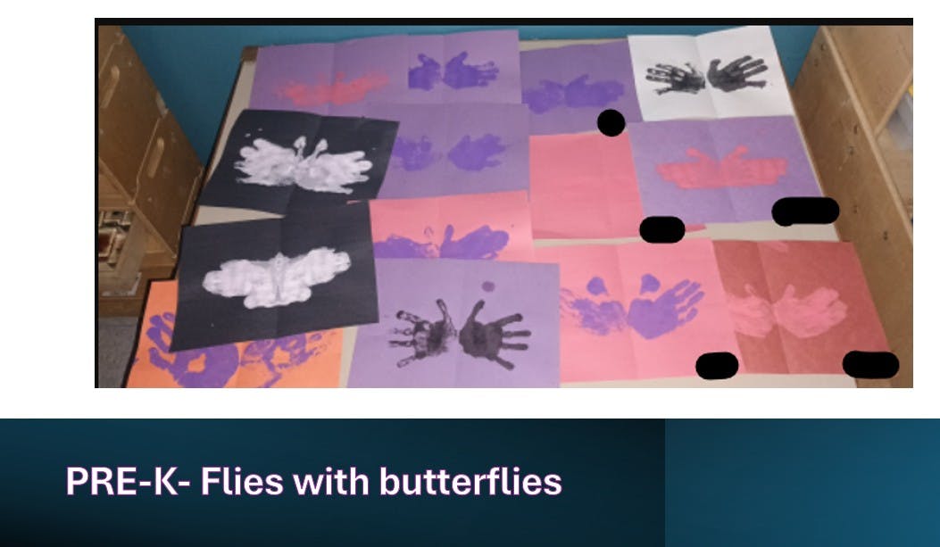 Children's artwork with handprints and butterfly shapes