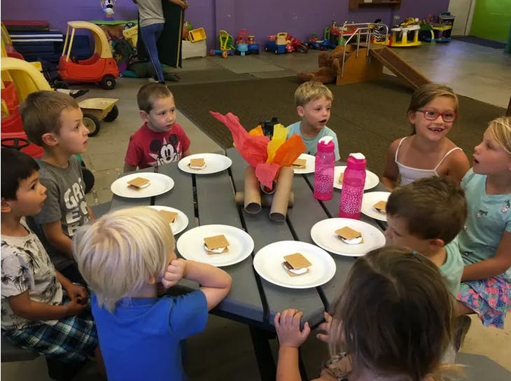 Children sitting around a table with s'mores on plates