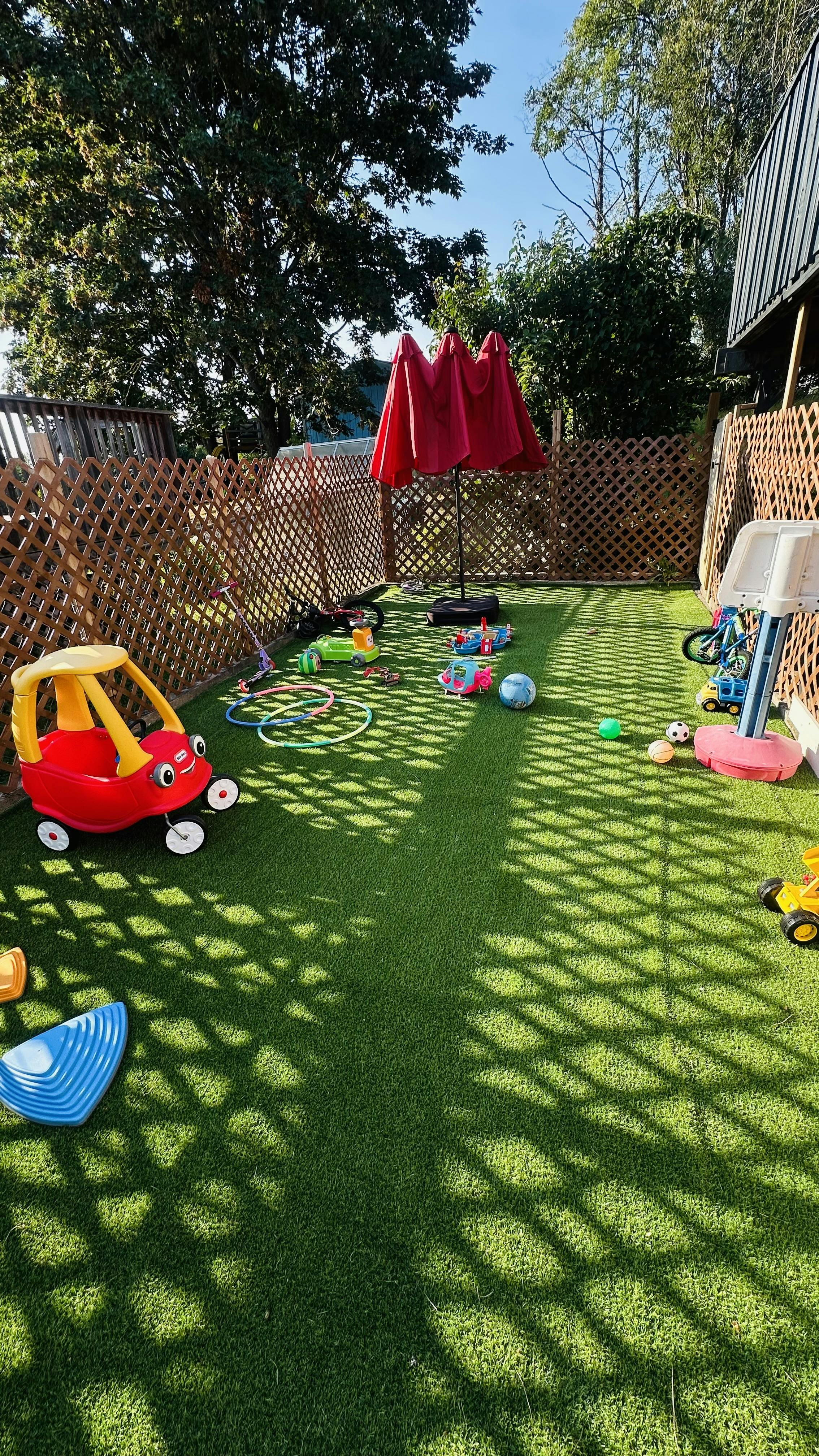 Childrens plastic ride-on car and various outdoor toys on a grassy backyard