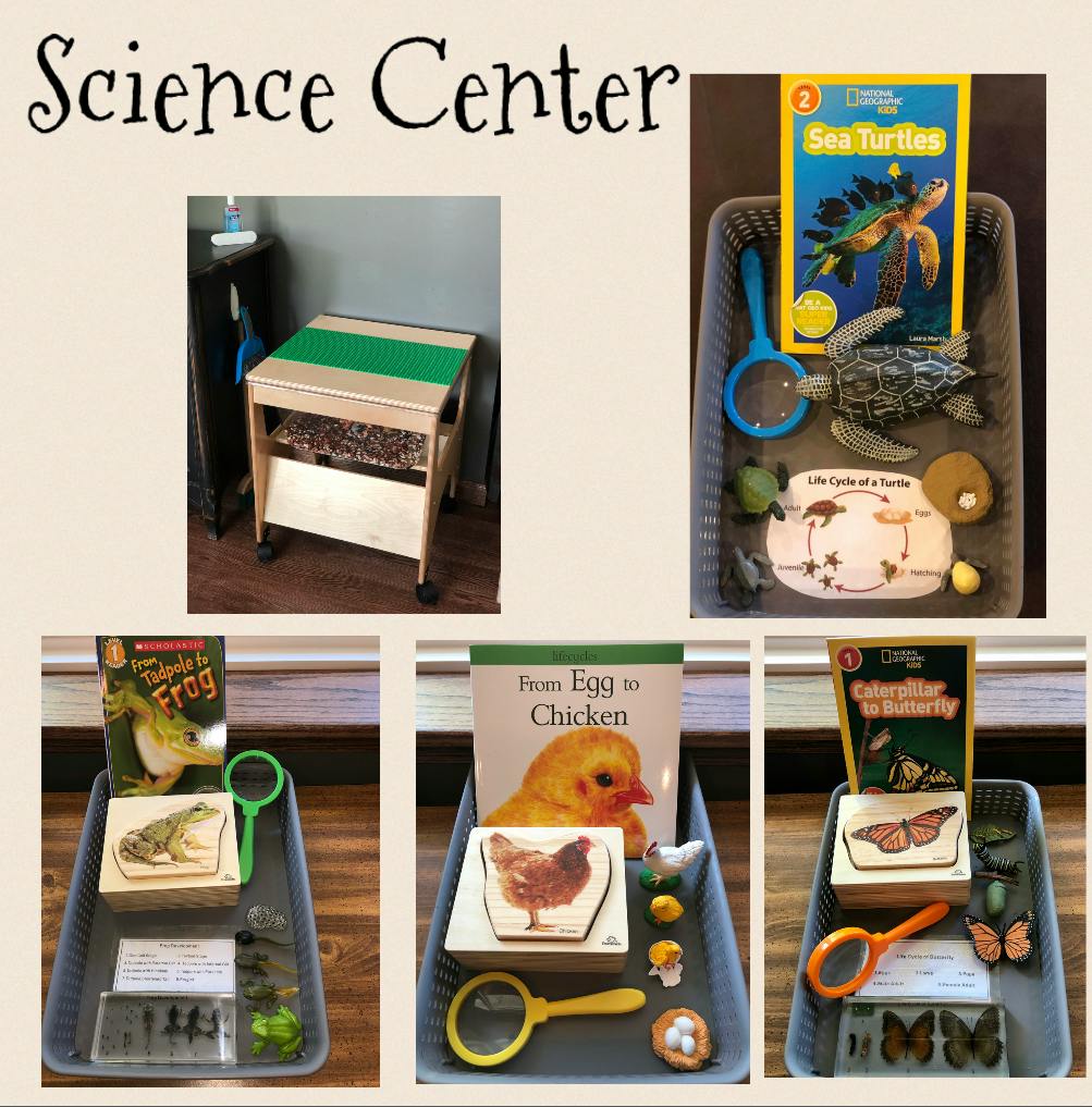 Science Center text with various educational trays for children