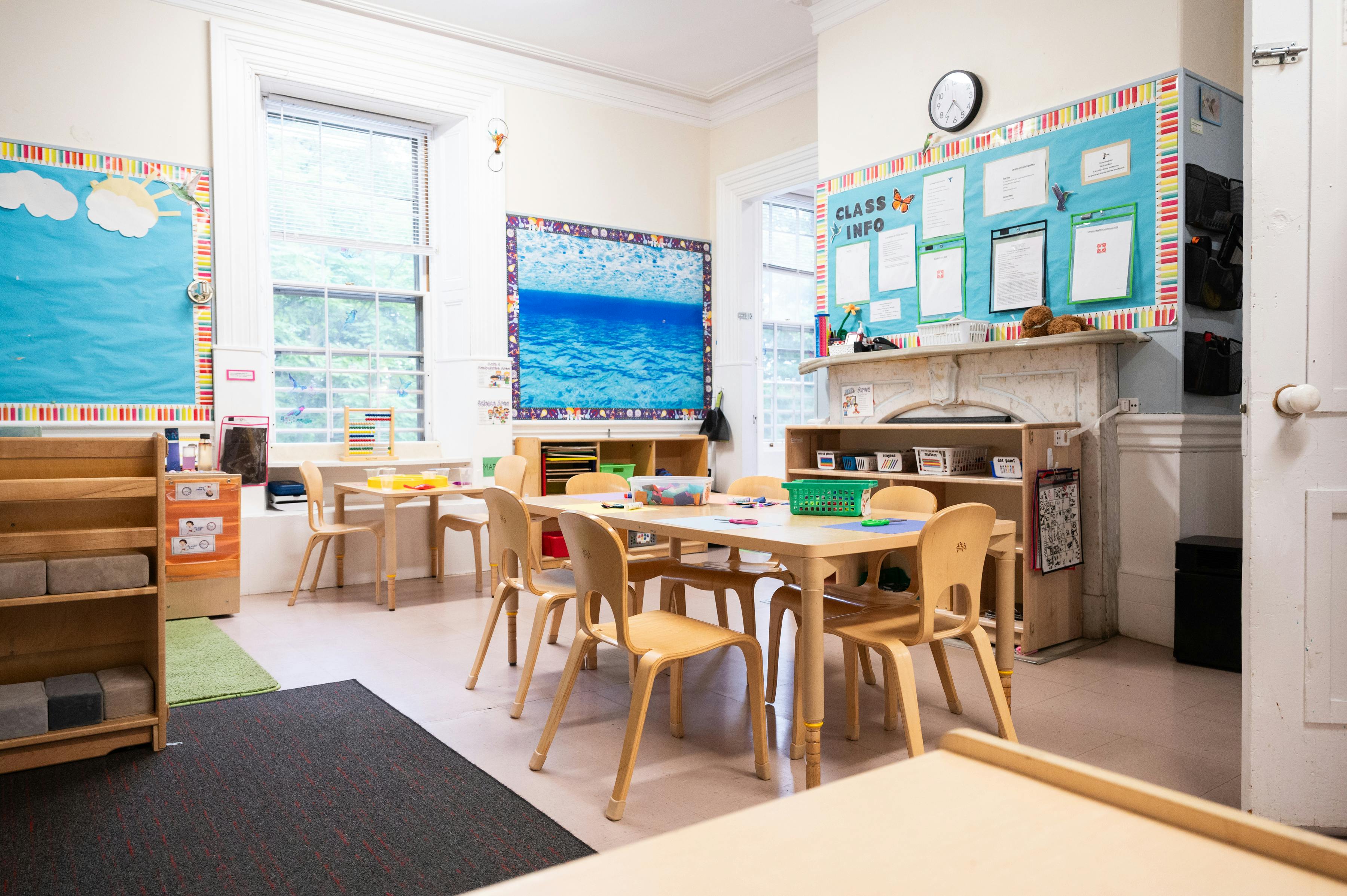 Classroom interior with small tables and chairs for children