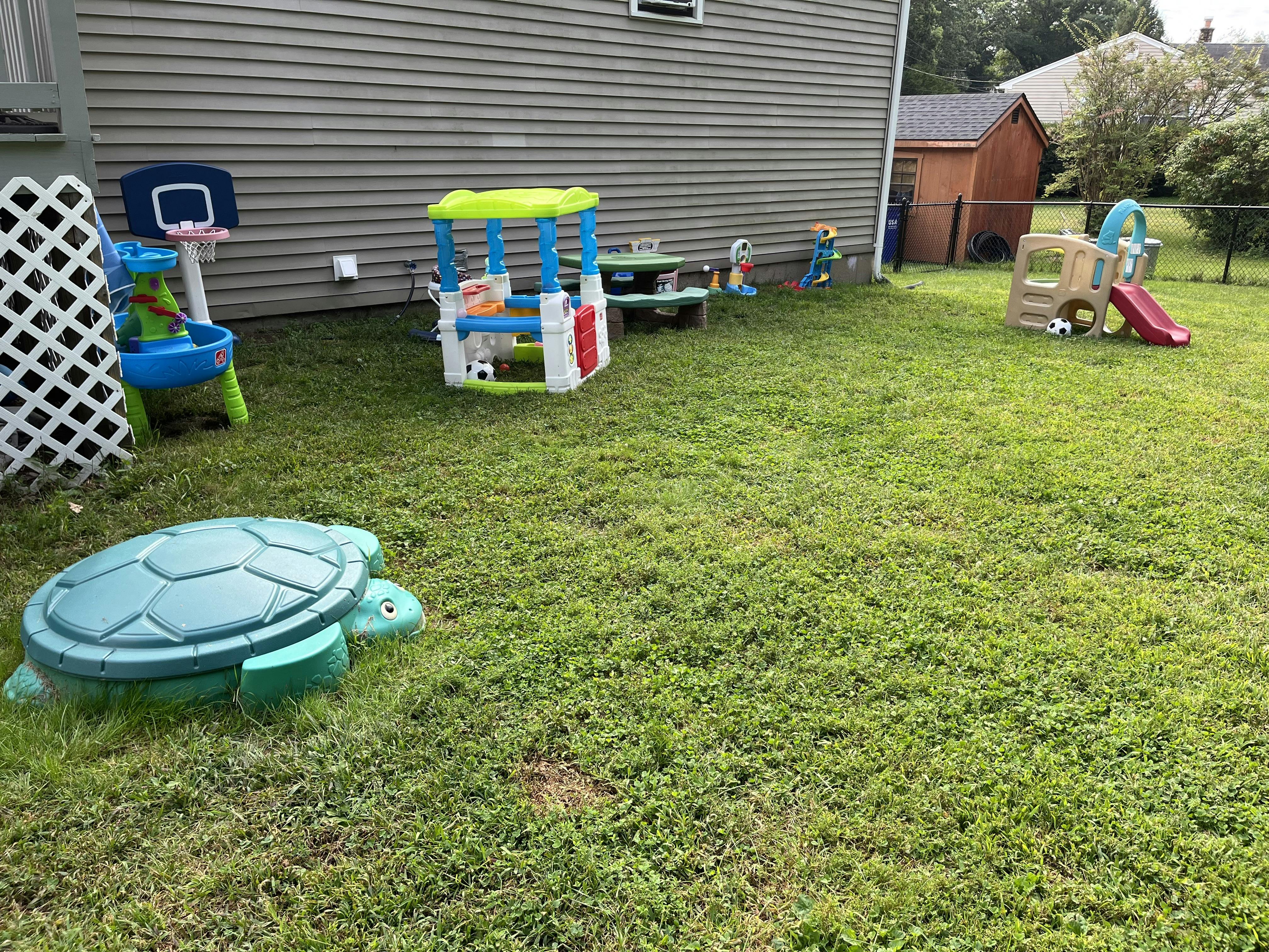 Plastic outdoor children's play equipment in a grassy backyard