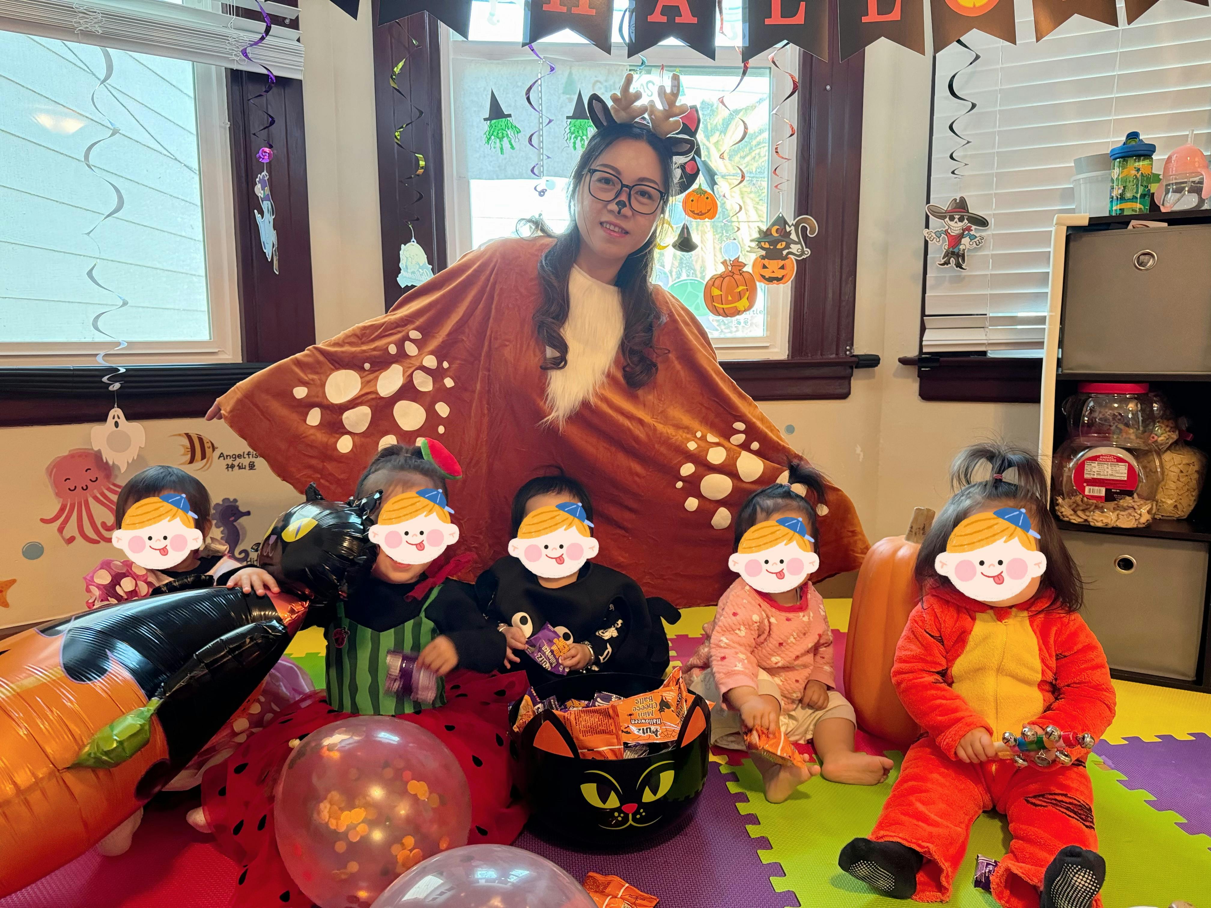 Person in deer costume with children in costumes