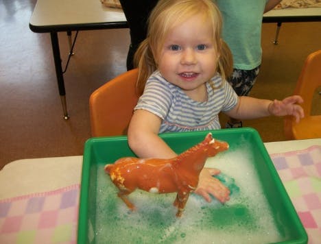 Child playing with a toy horse in a tub of soapy water