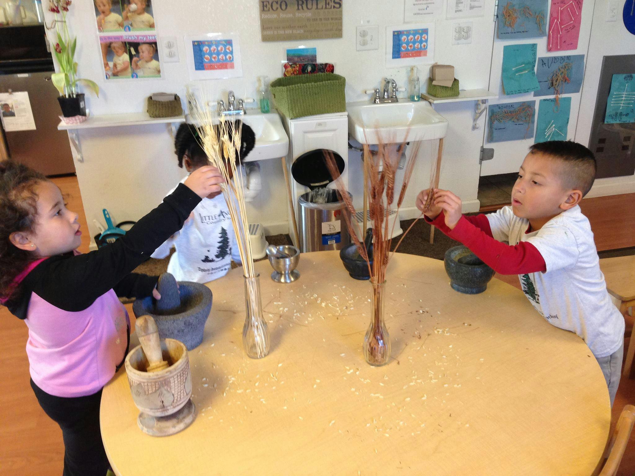Two children playing with mortars and pestles at a table