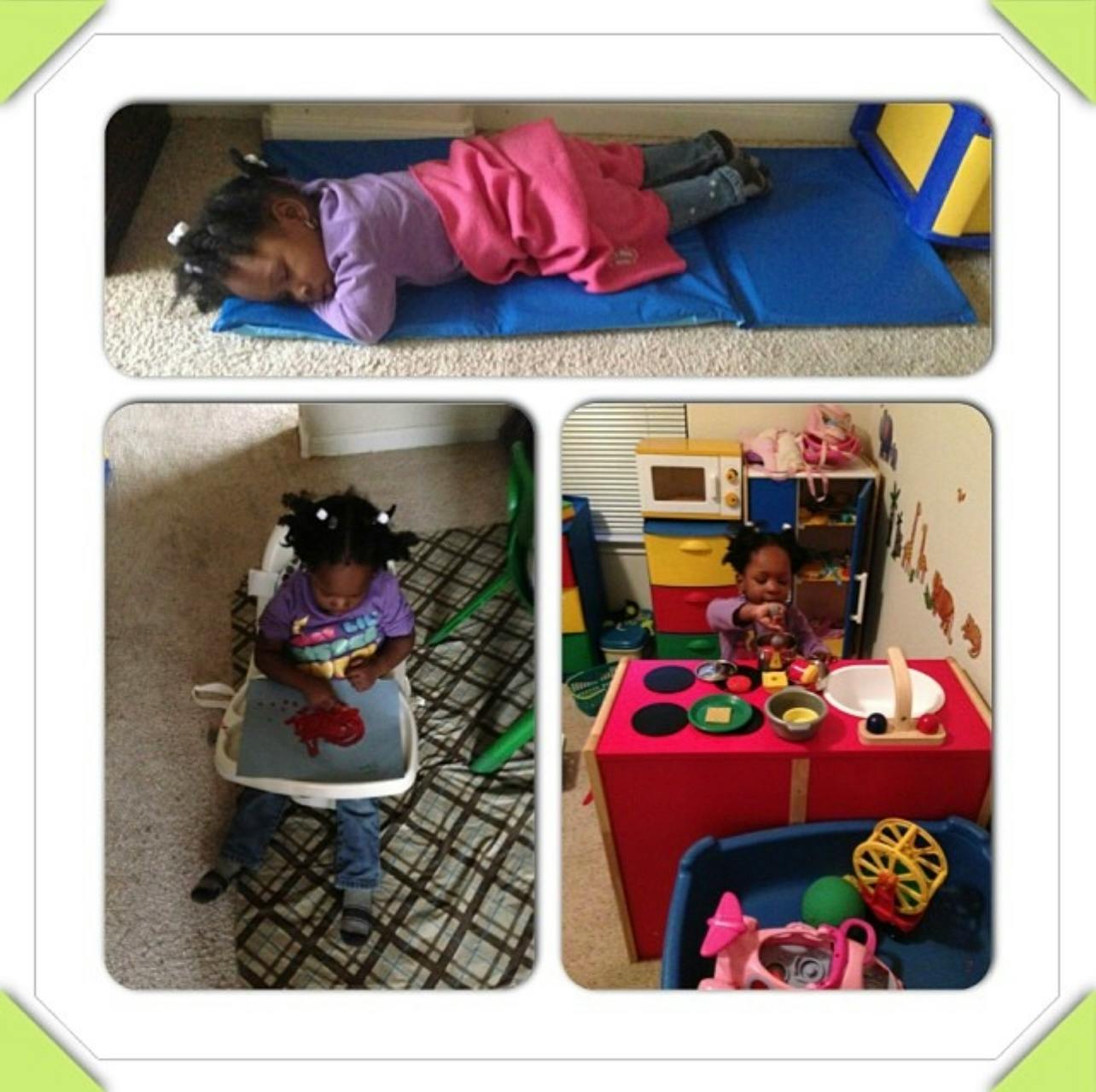 Child sleeping on a mat, child in a high chair, and child playing with a toy kitchen