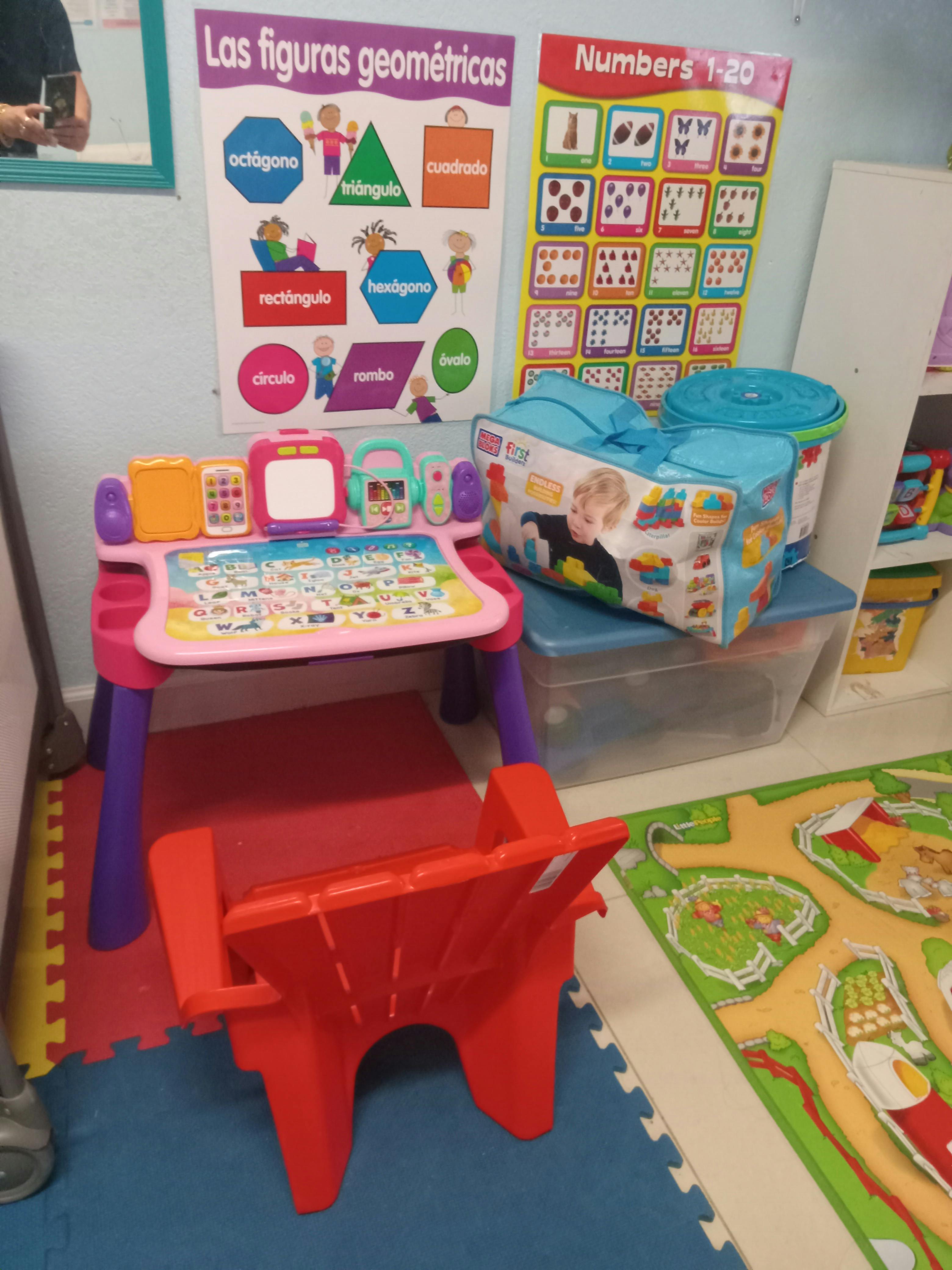 Playroom with educational posters, toys, a red high chair, and a playmat