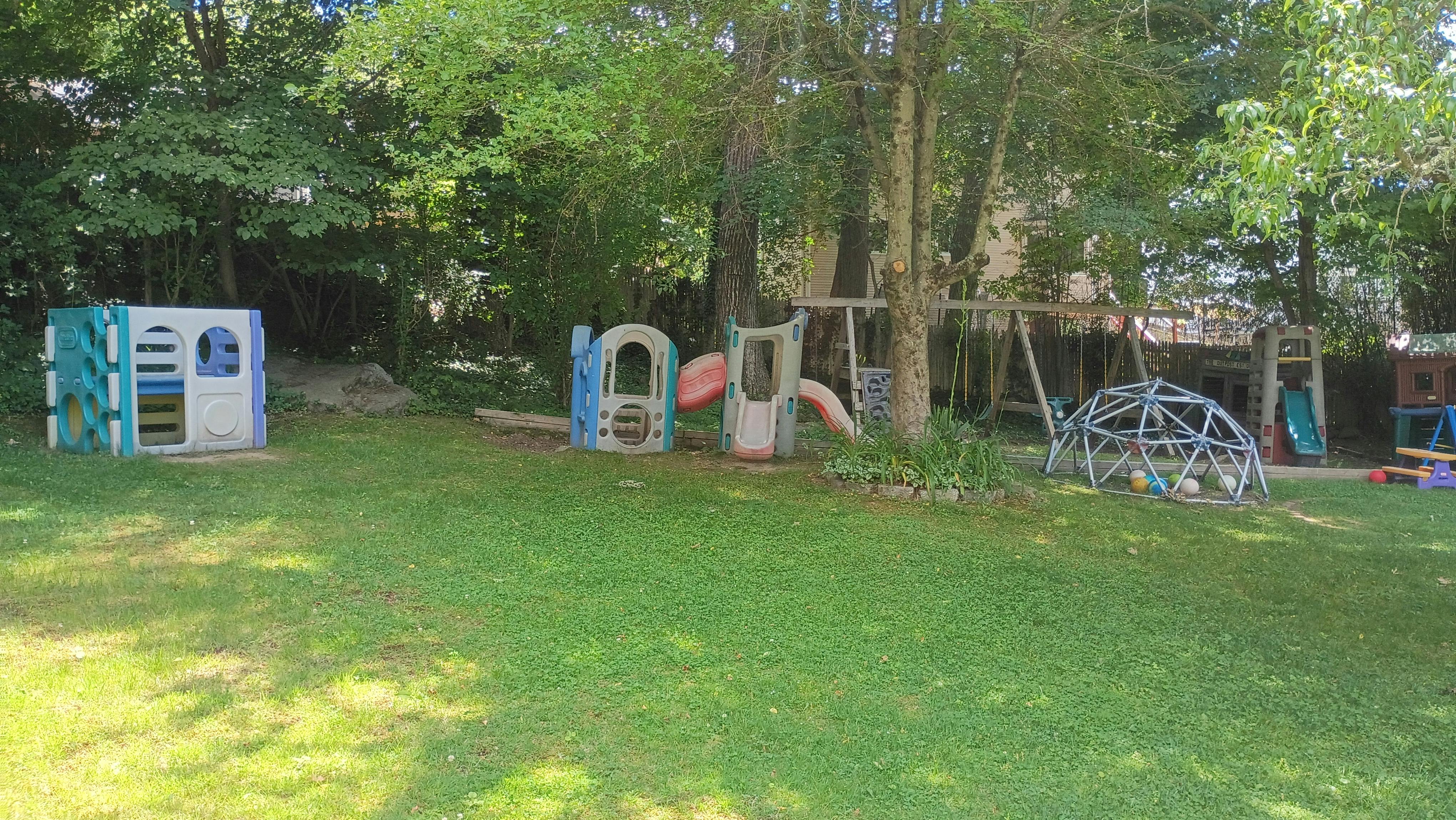 Plastic play structures and a climbing dome in a backyard