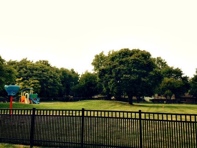 Playground equipment on a grassy hill surrounded by trees, with a fence in front