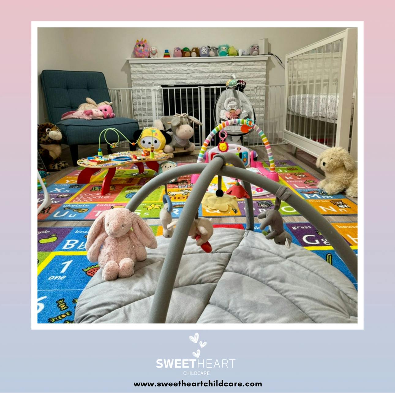 Playroom with a playmat, toys, and a crib