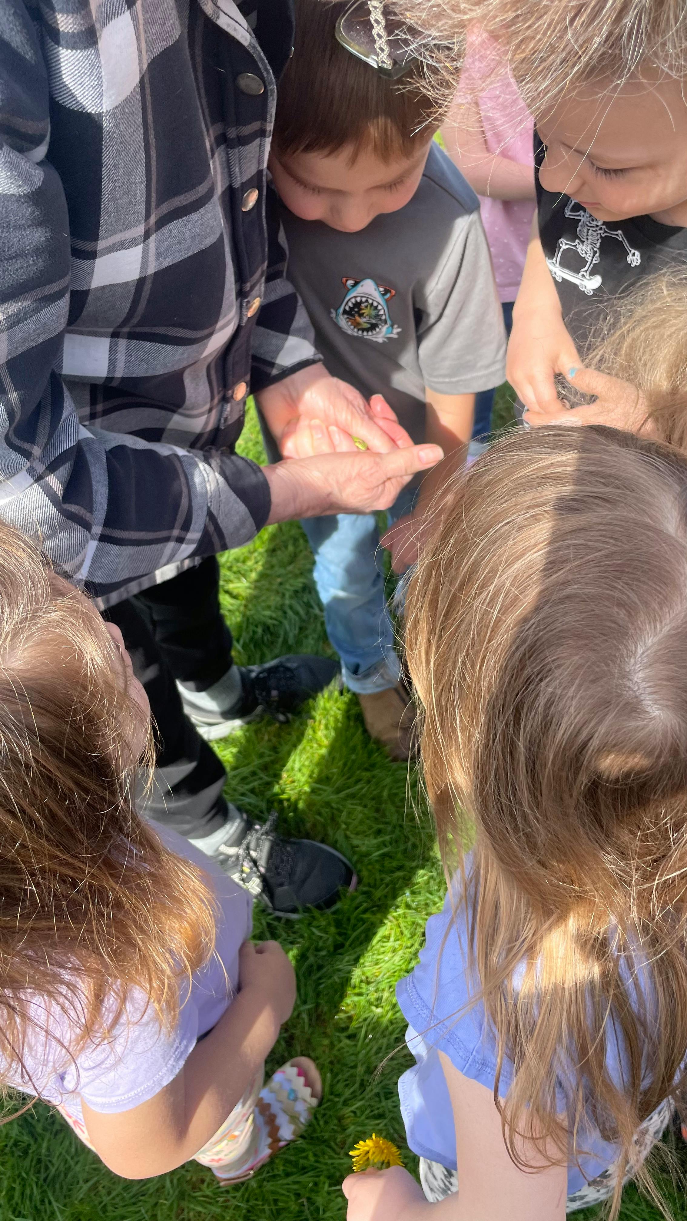 Person showing something in their hand to several children