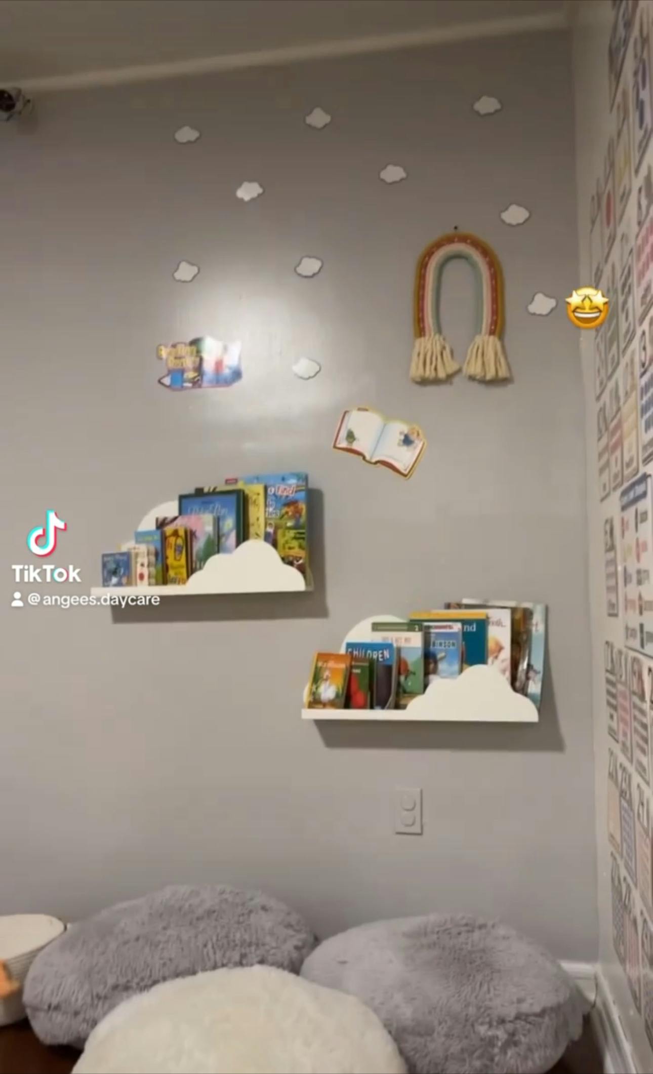 Cloud-shaped shelves with books and fluffy floor cushions