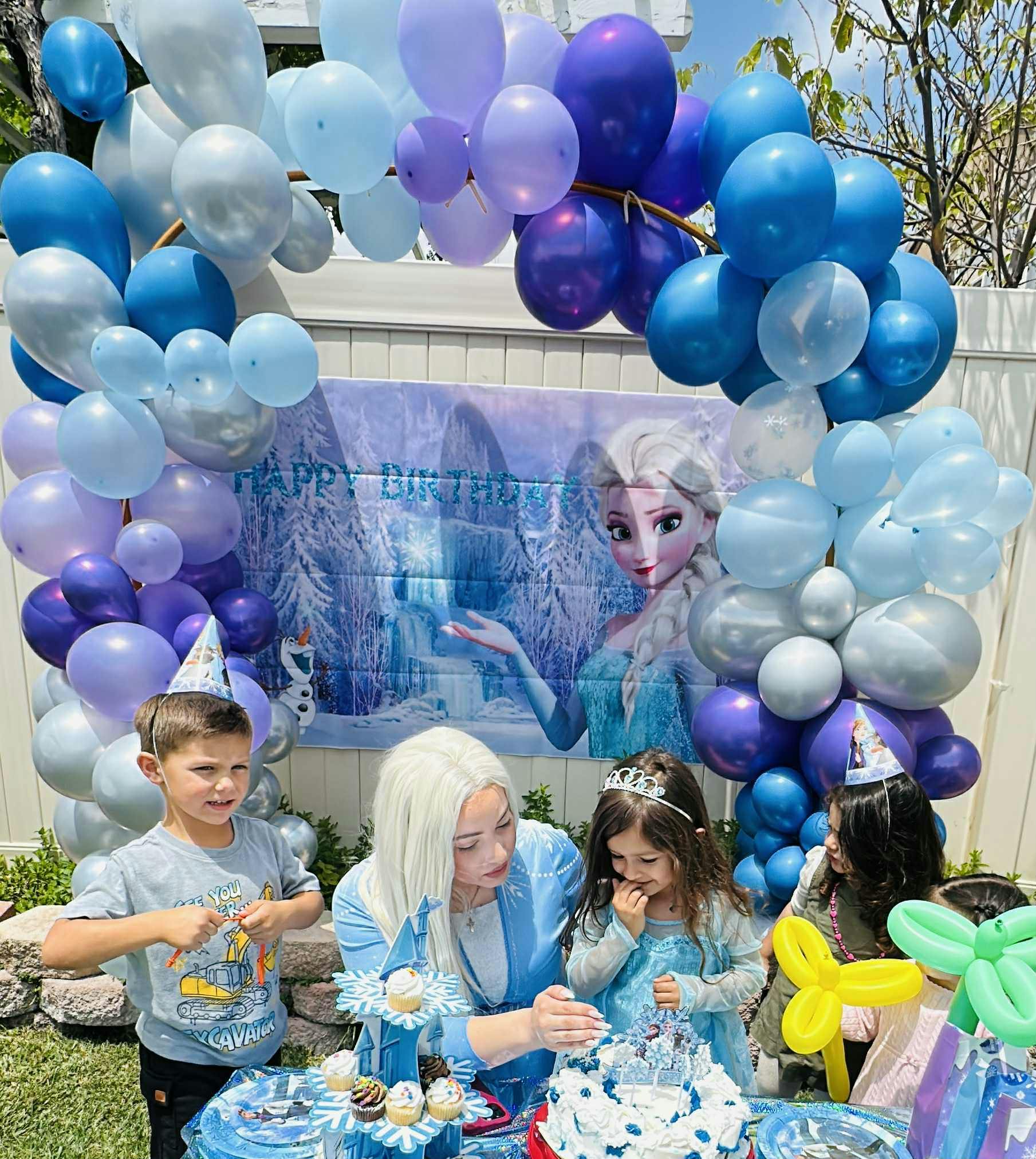 People at a birthday party with a Frozen-themed backdrop and balloons