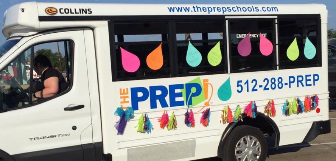 White bus with "THE PREP" and "512-288-PREP" on the side