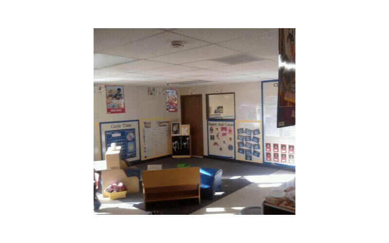 Classroom with educational posters on the walls and children's furniture