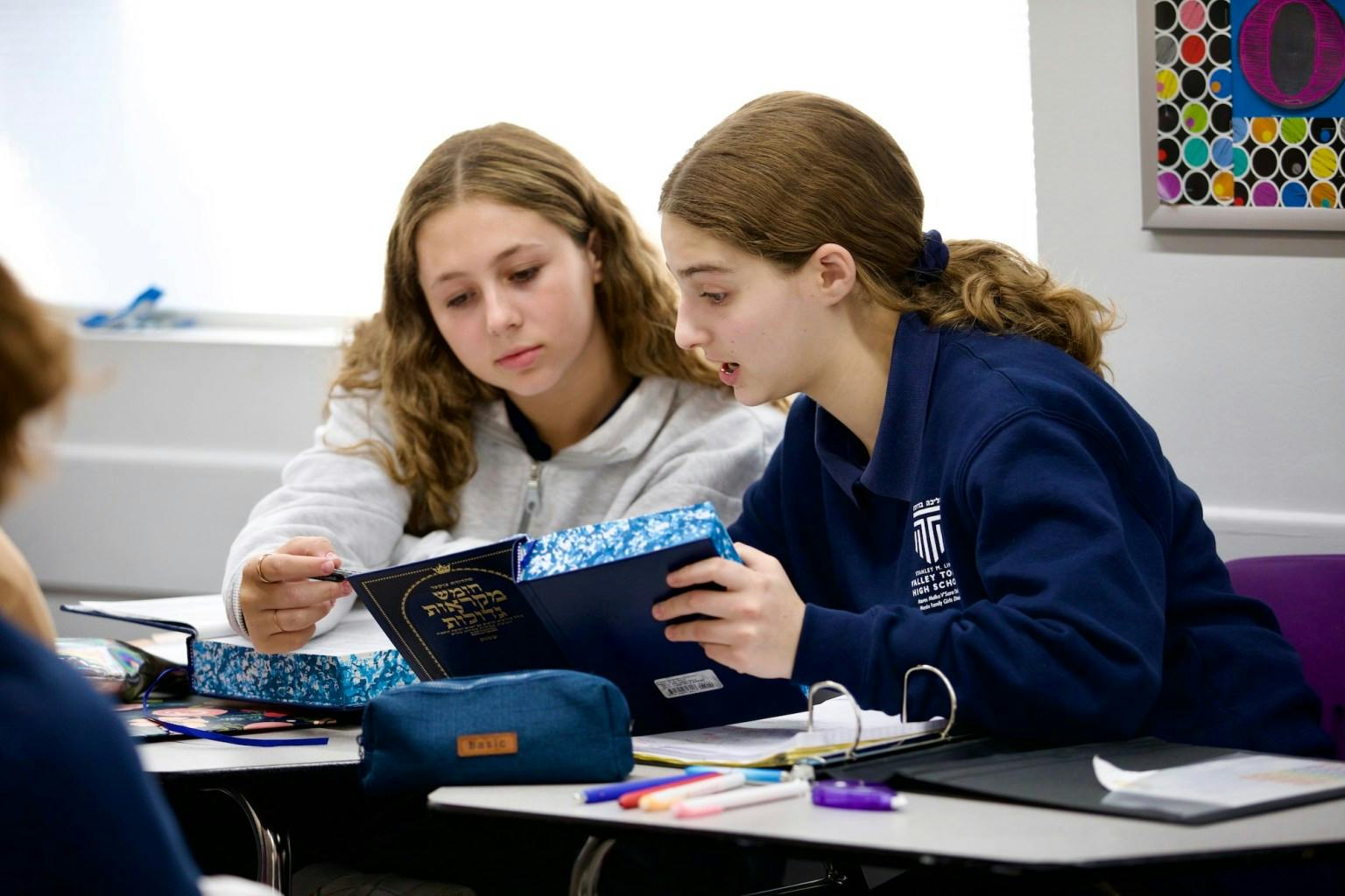 Two teens studying together in a classroom, one pointing at a book