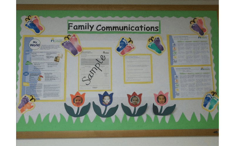 Bulletin board with text "Family Communications" and baby photos in flower cutouts