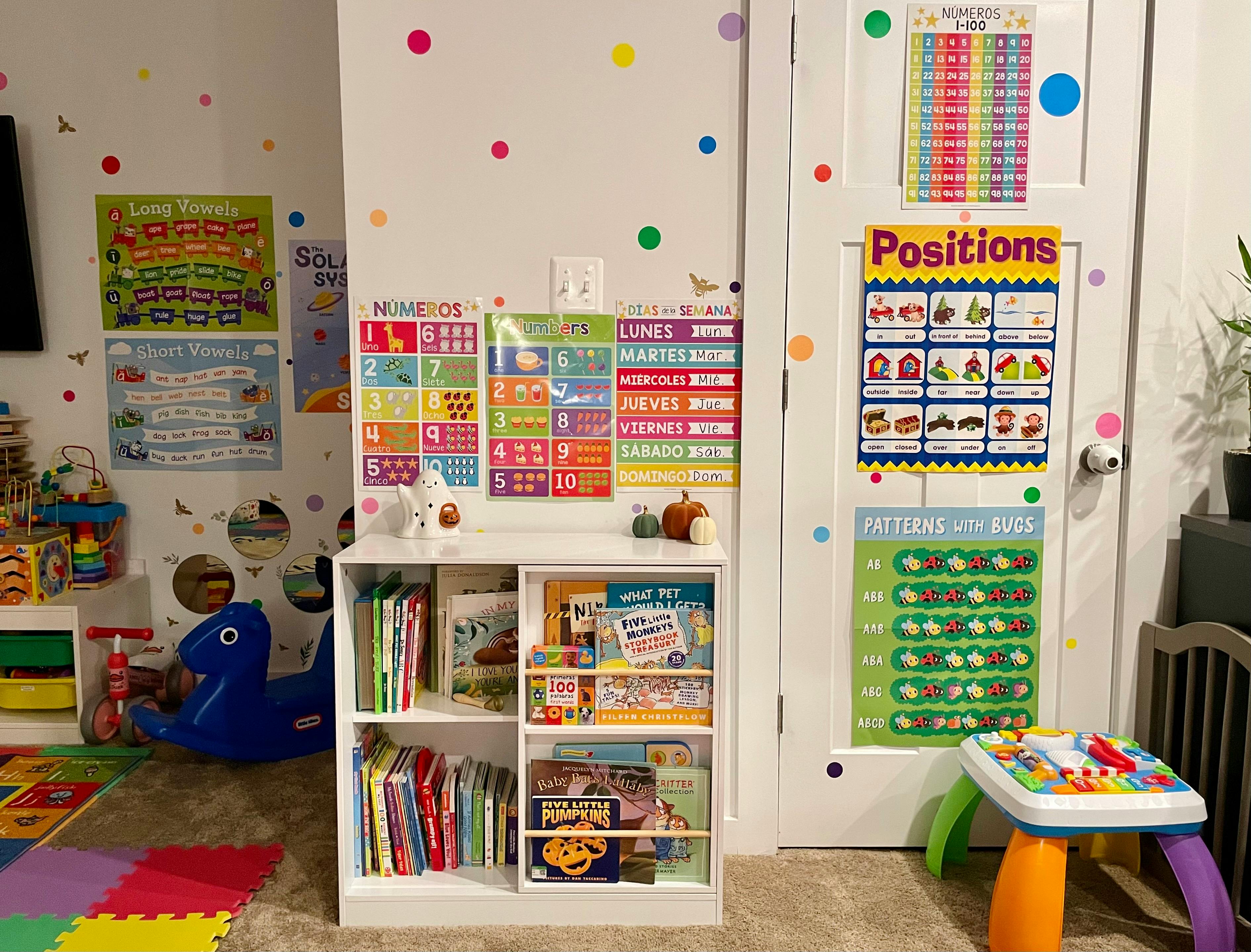 Child's playroom with educational posters, bookshelf, and toys
