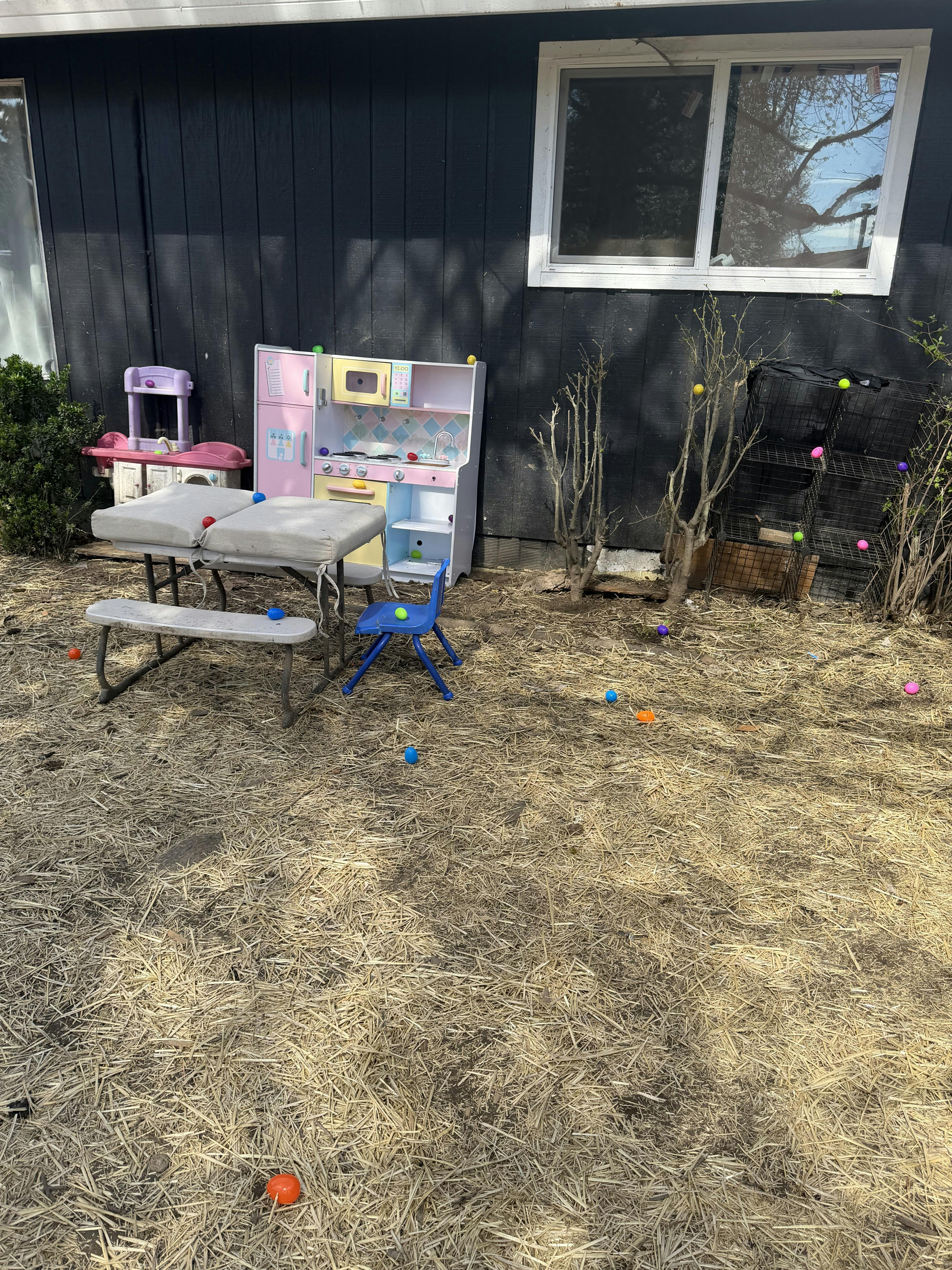 Children's play kitchen and picnic table outdoors with colorful plastic balls