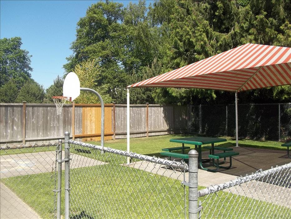 Basketball hoop, picnic table, and striped awning