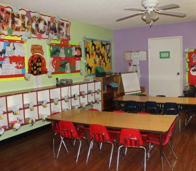 Classroom with tables, chairs, and decorated walls