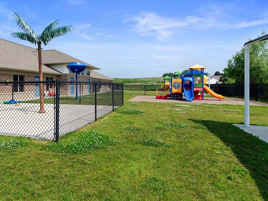 Empty outdoor playground with colorful play structure and palm tree