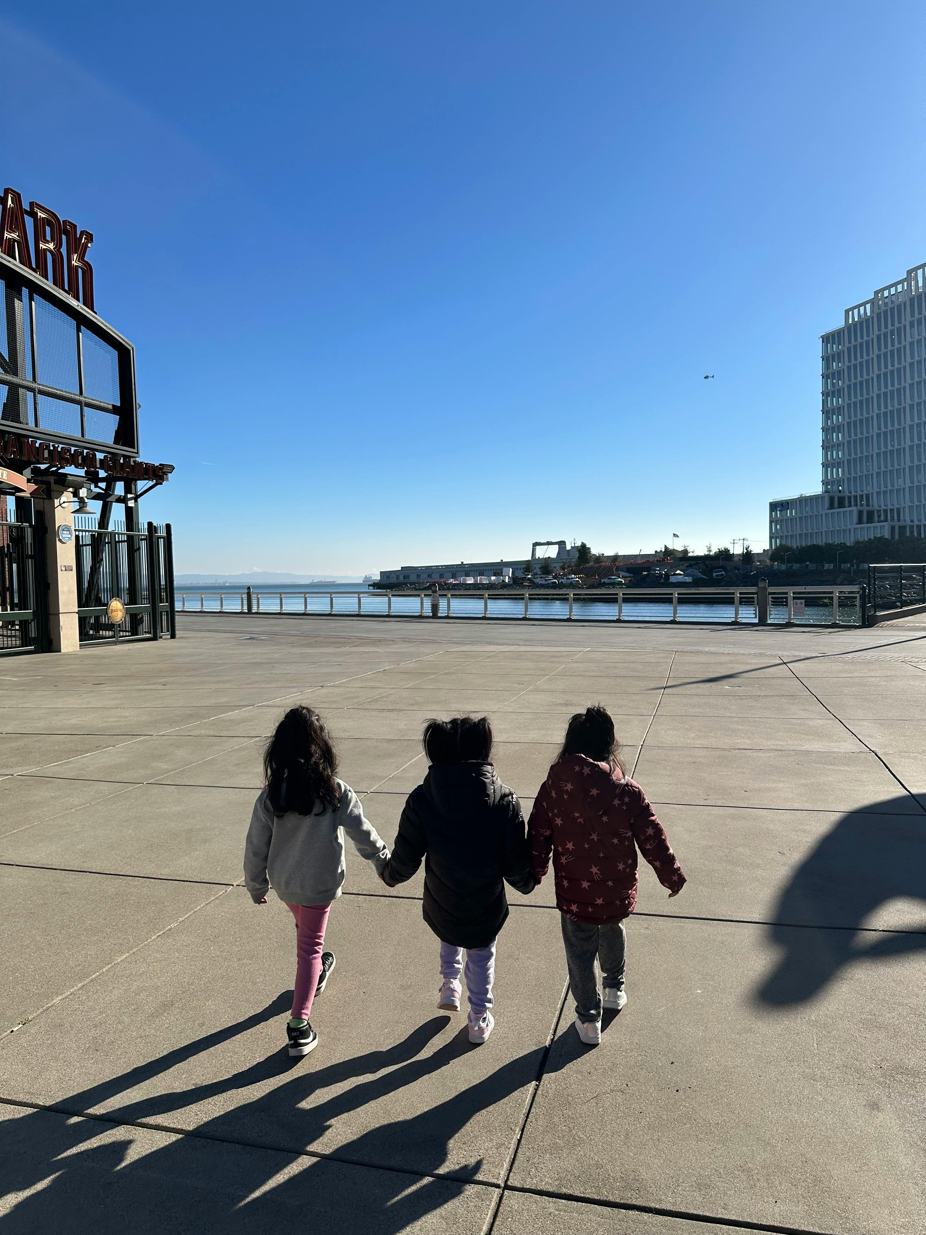 Three children holding hands and walking away from the camera