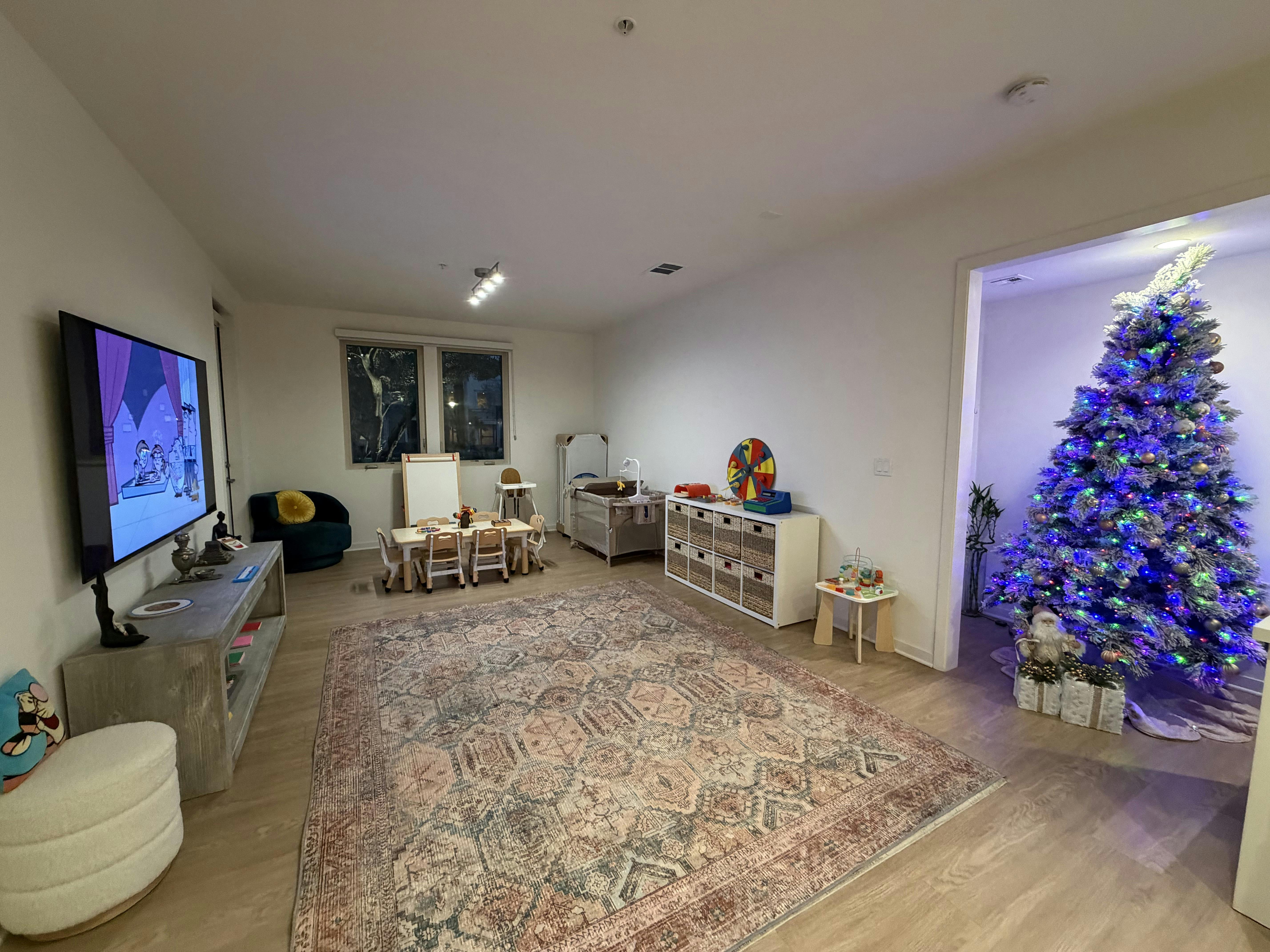 Living room with a television, rug, and a Christmas tree in an alcove