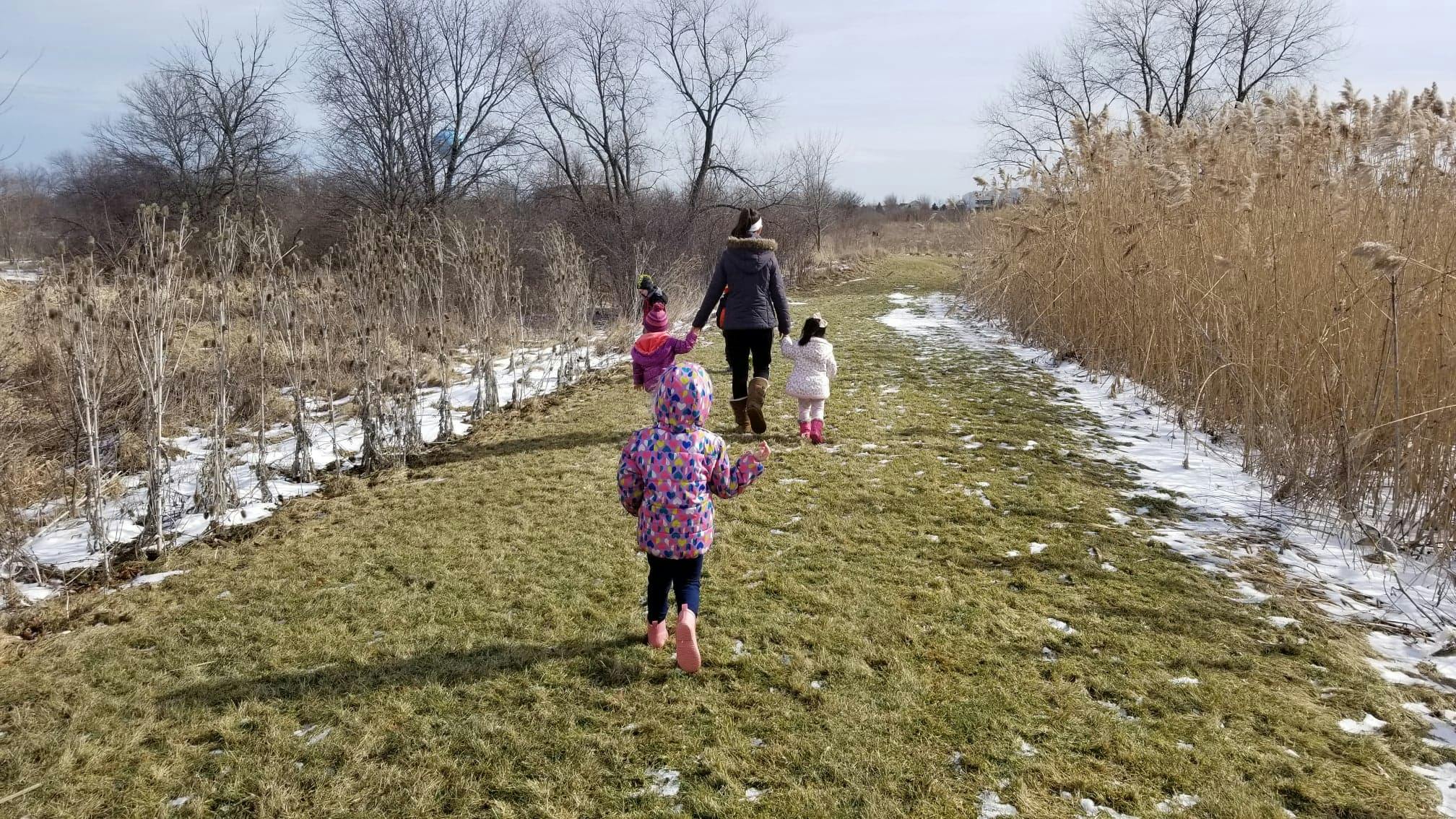 Person and three children walking on a grassy path