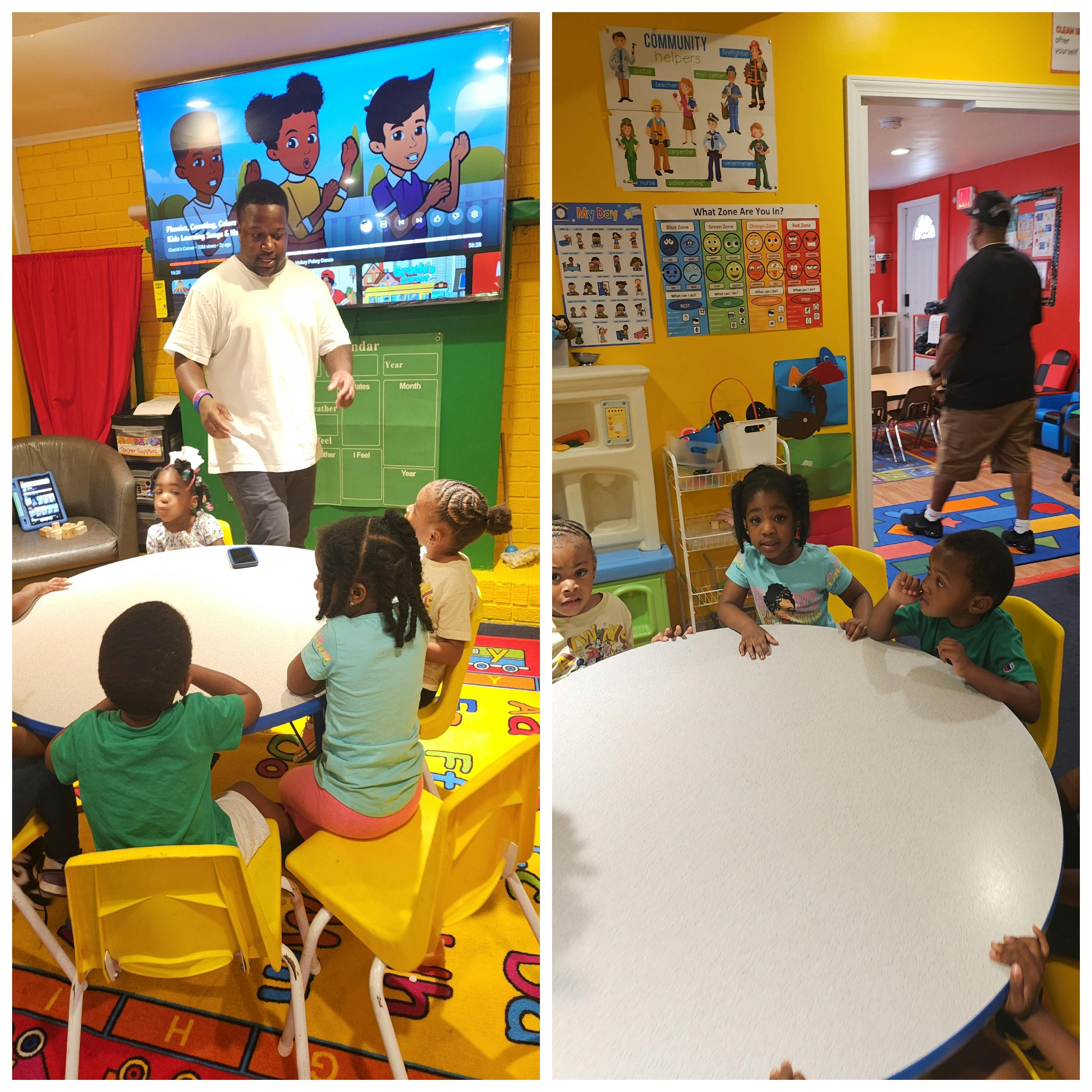 Adult and children in a classroom with a TV playing cartoons
