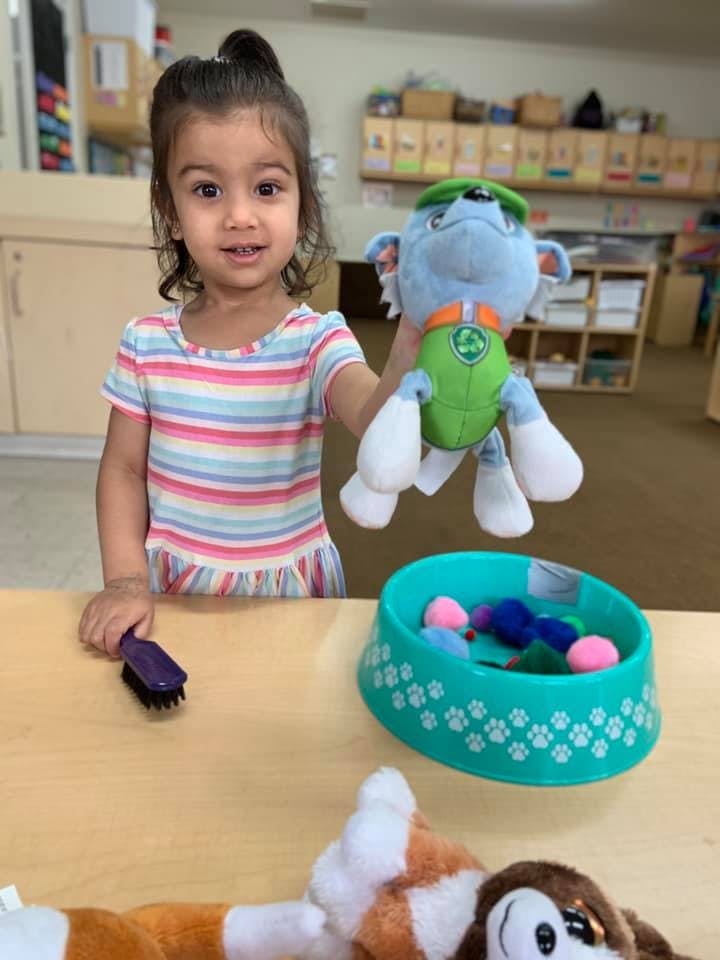 Child holding a blue stuffed animal, with a purple brush and toy bowl on a table
