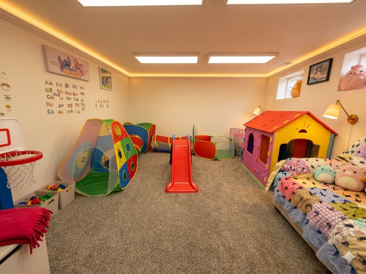 Colorful indoor playroom with a slide, play tent, and playhouse