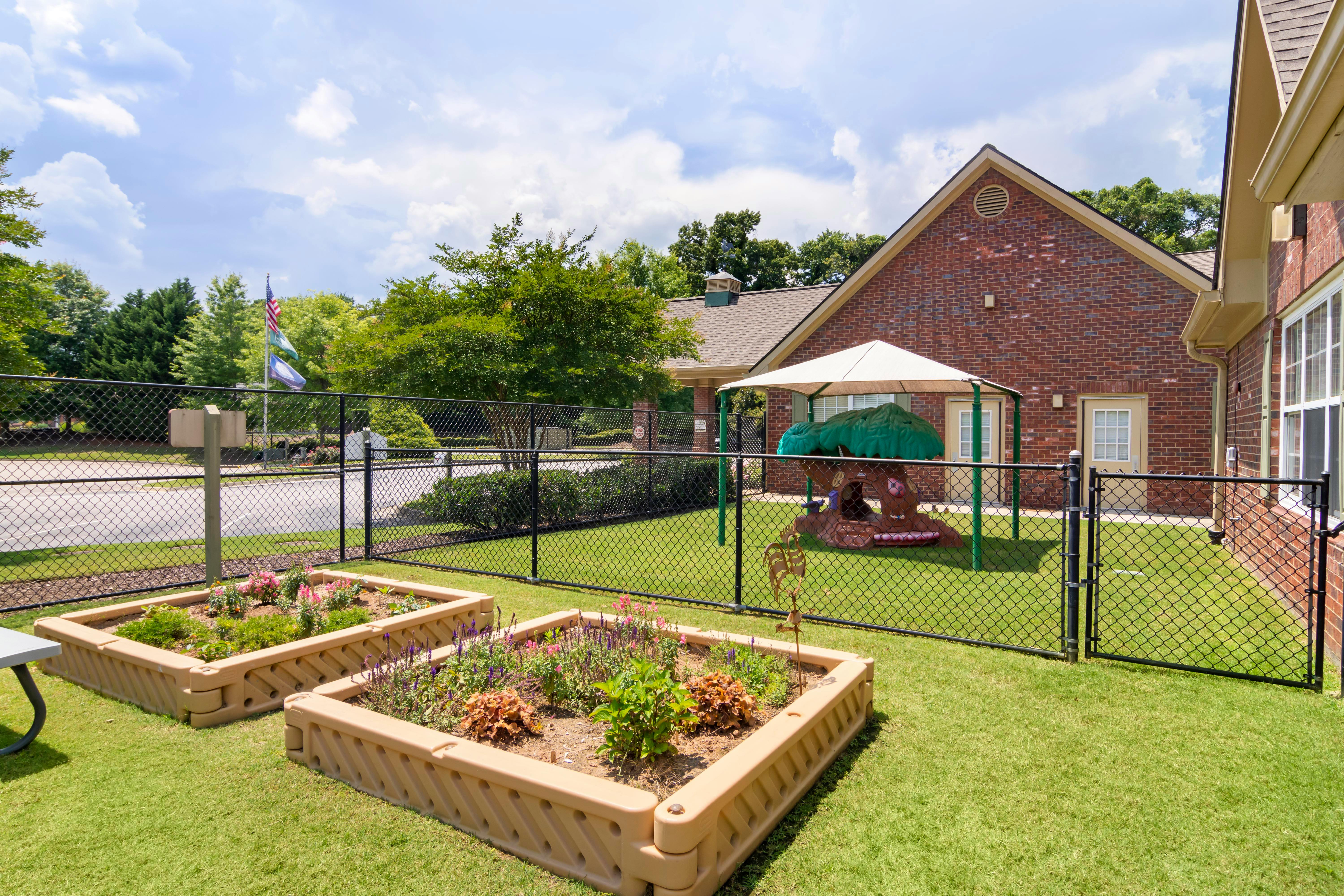 Raised garden beds with flowers and plants on green grass