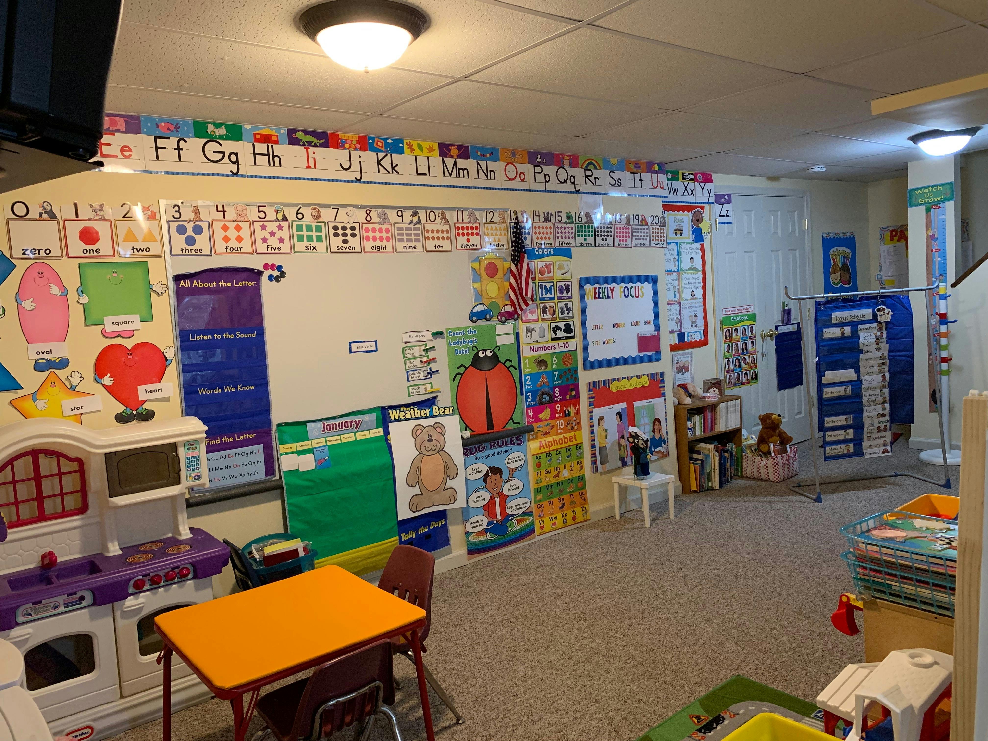 Classroom with alphabet and number charts on the walls