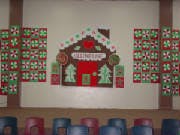 Gingerbread house decoration with trees and candy