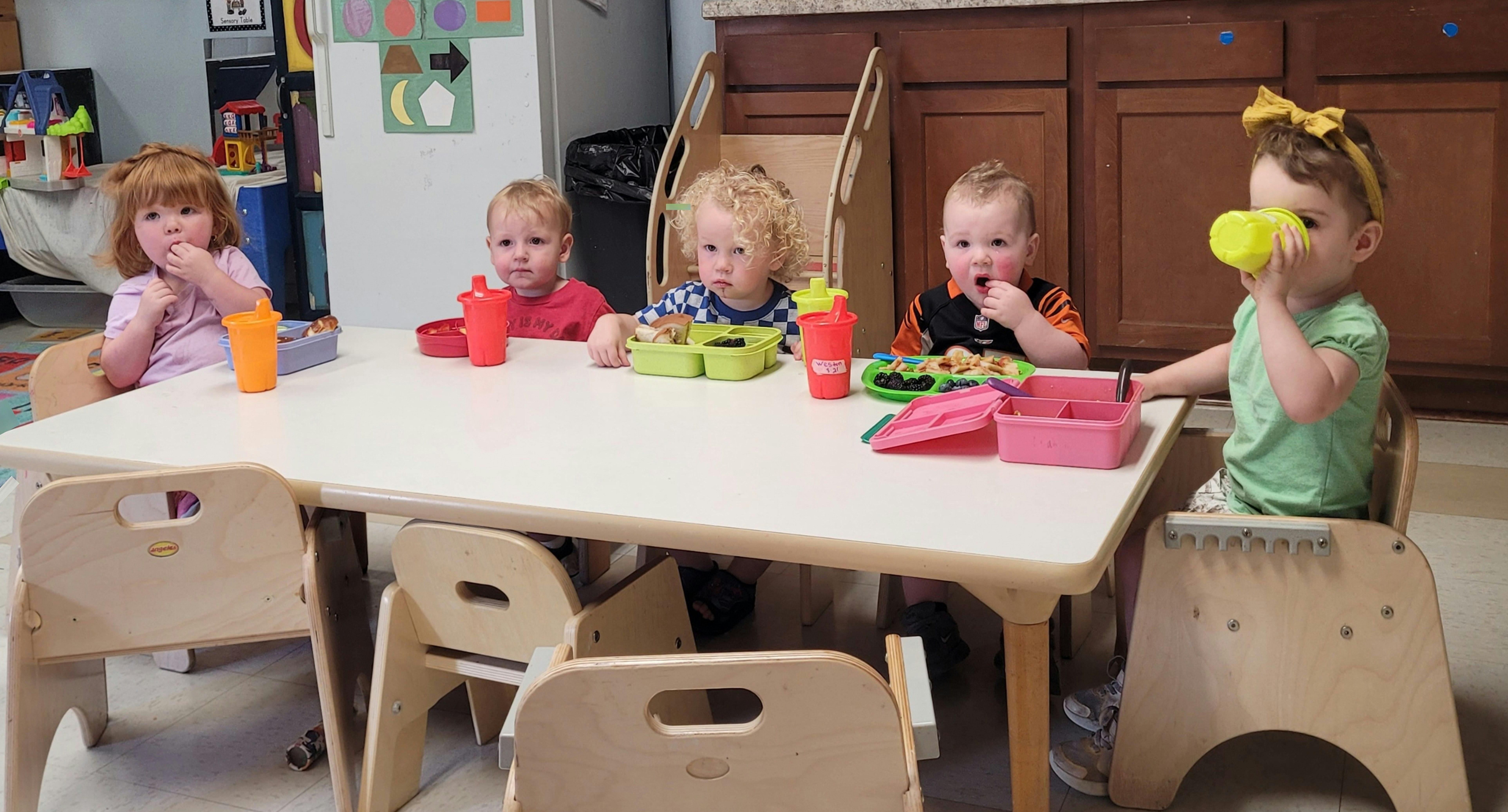 Group of children eating lunch at a table
